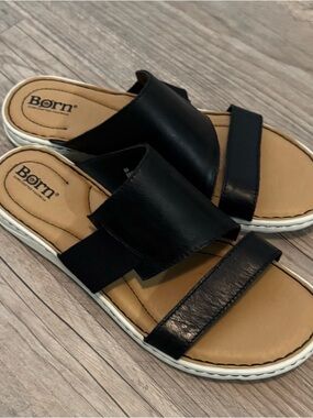 Born Oceana Black Leather Slip-On Fat Slide Sandals